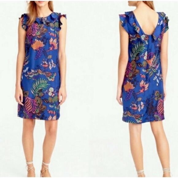 J. Crew Silk Ruffle Tropical Print Dress Women’s 12 Blue Knee Length Resortwear - Picture 1 of 10